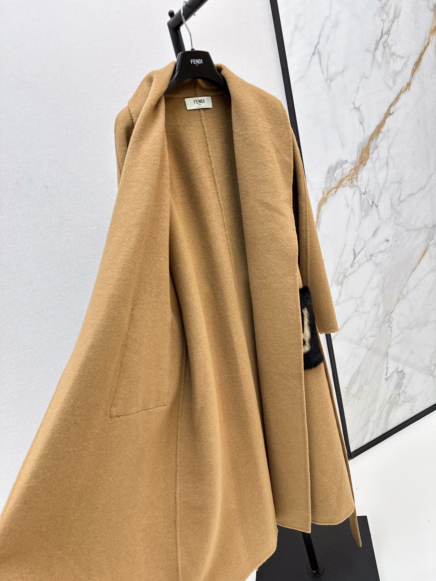 Fen*di Camel Tie-Waist Wool Coat