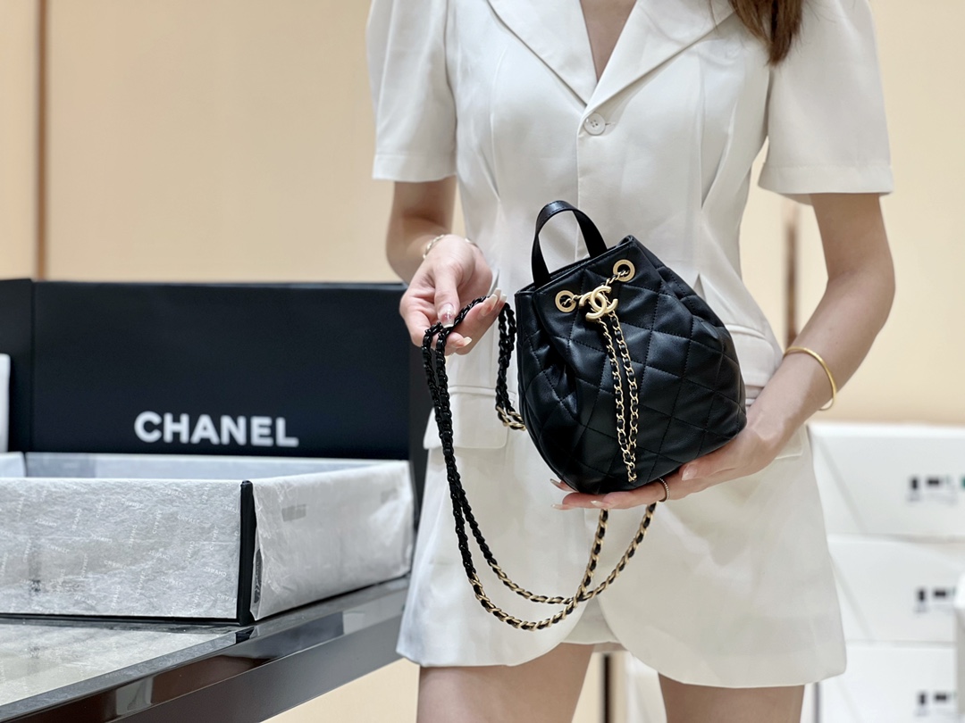 Ch@nel Drawstring Bucket Backpack -16.5*20*11.5CM