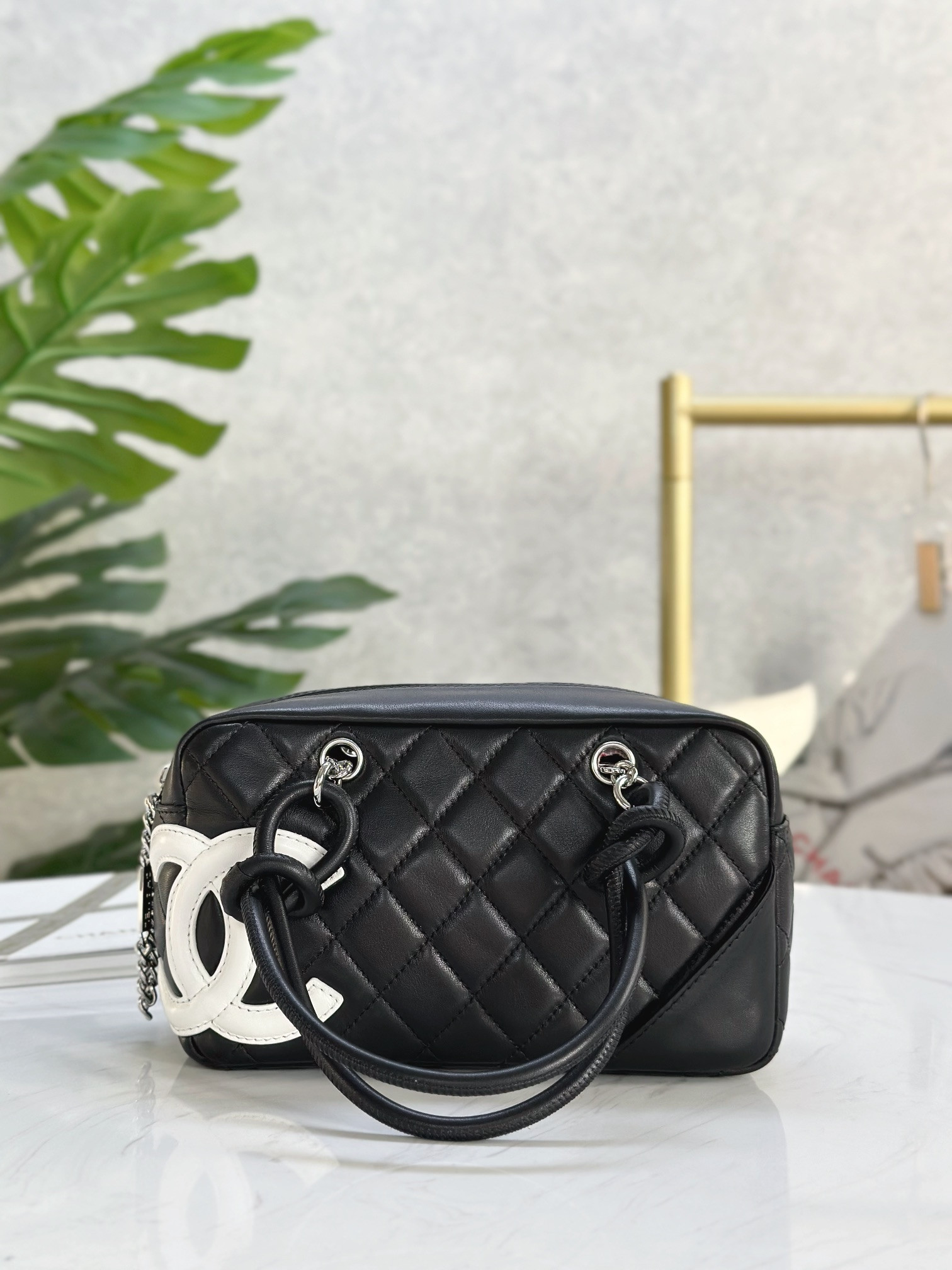 Ch@nel Calfskin Quilted Small Cambon Bowler Black White-19.5*10.5*9CM