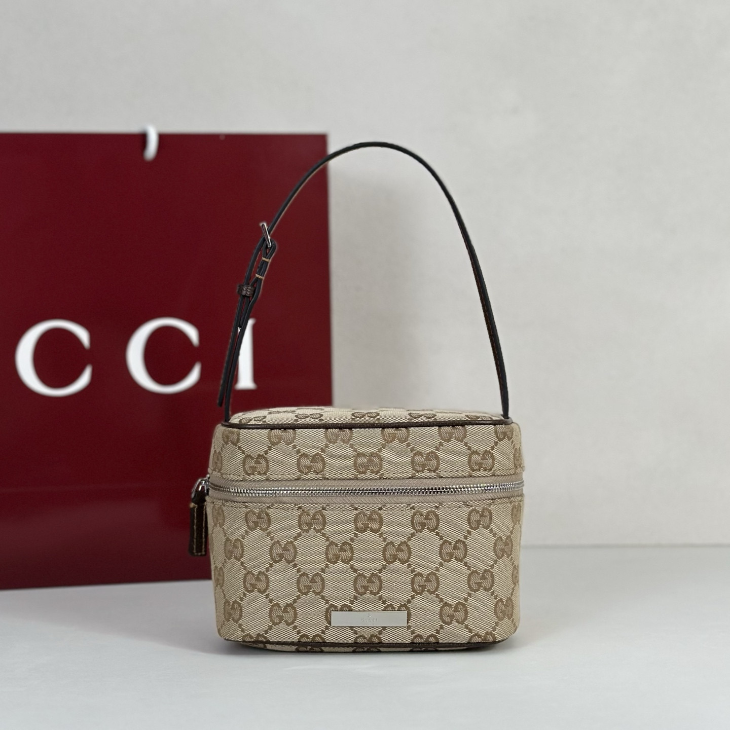 Gu*cci Tag Mini Bag In Sand And Brown GG Canvas-16*12*9CM