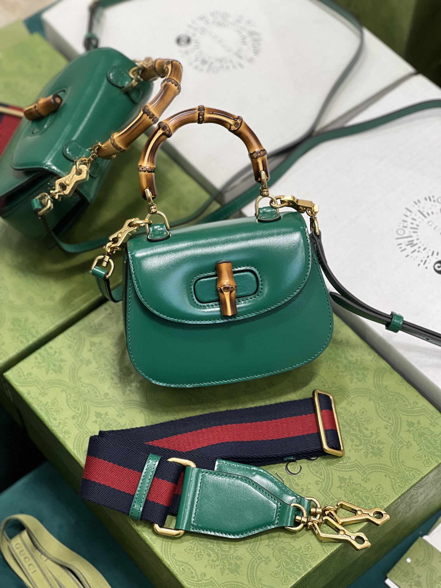 G*u*i top handle bag with bamboo-17*12*7.5&21*15*7cm