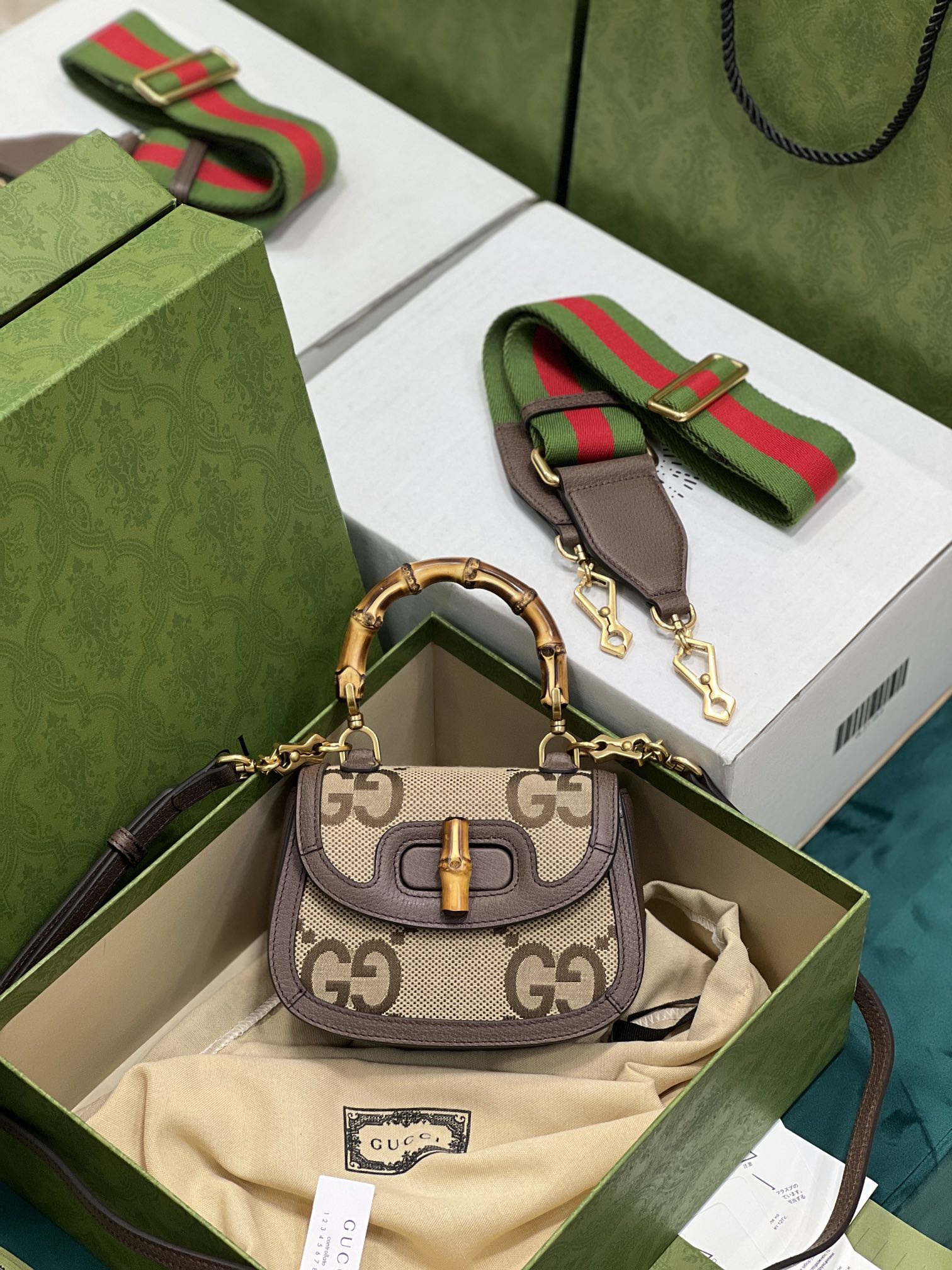 G*u*i top handle bag with bamboo-17*12*7.5&21*15*7cm