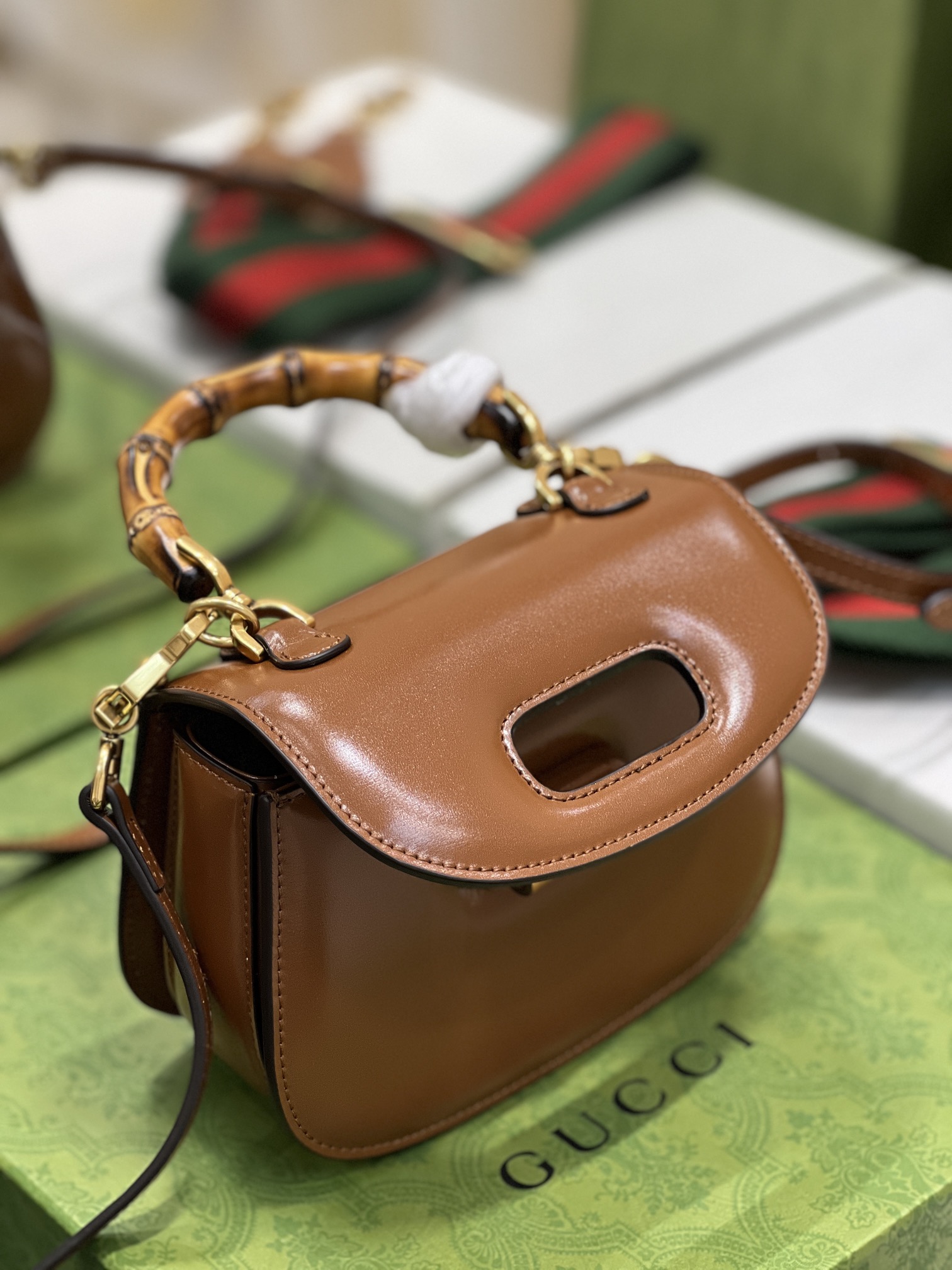 G*u*i top handle bag with bamboo-17*12*7.5&21*15*7cm