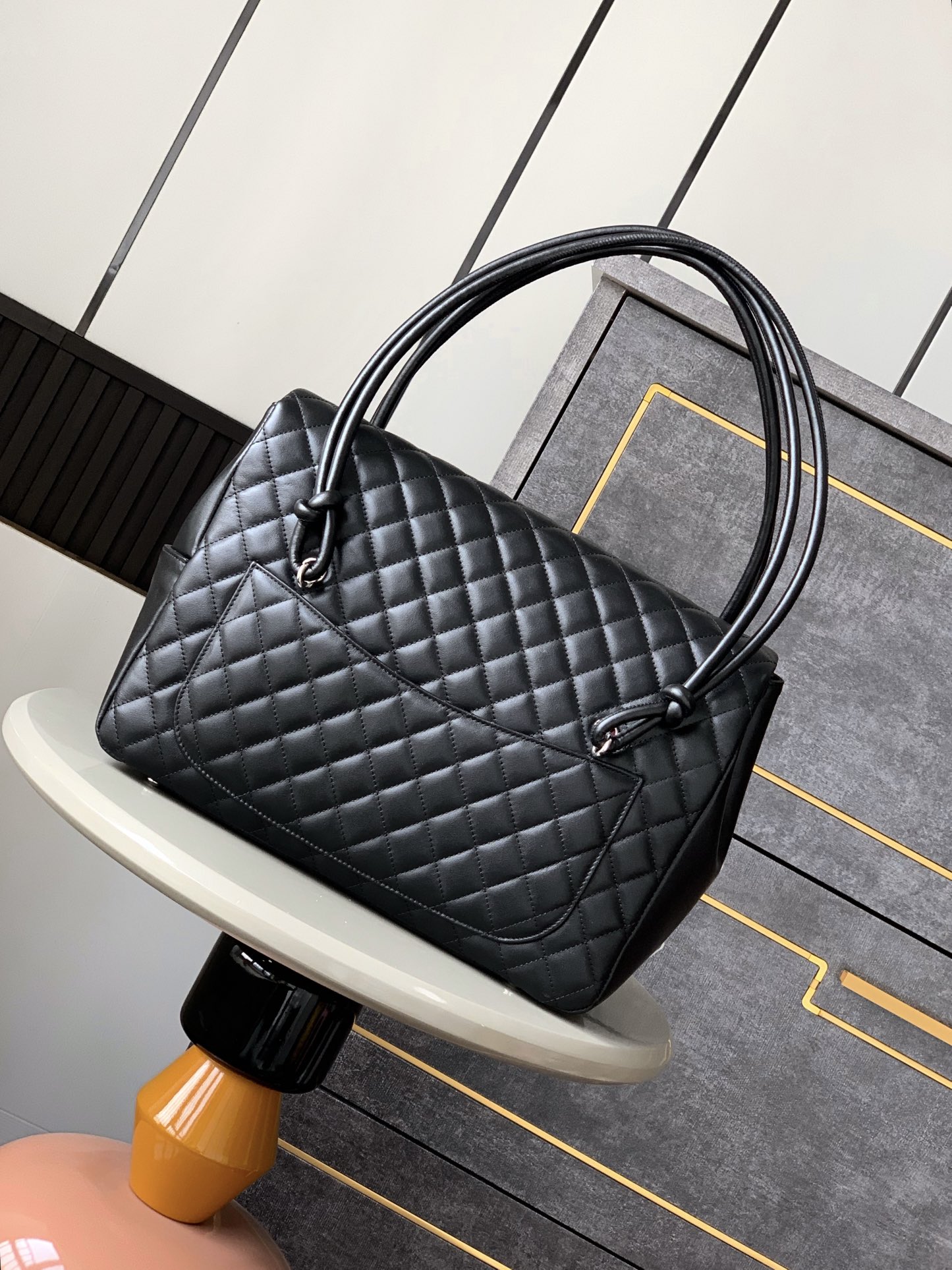 Ch@nel White/Black Quilted Cambon Ligne Large Flap Tote-33x24x11CM