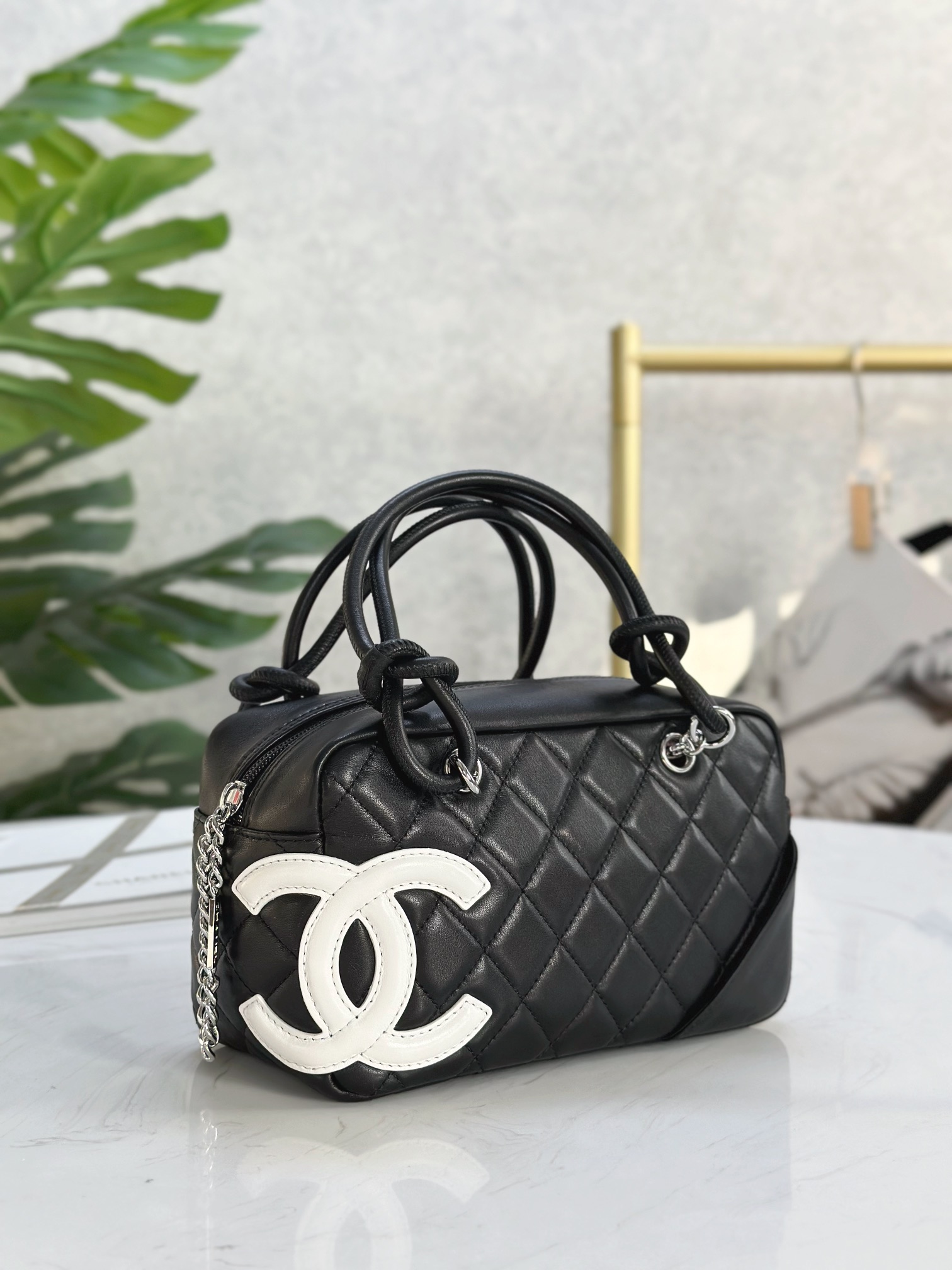 Ch@nel Calfskin Quilted Small Cambon Bowler Black White-19.5*10.5*9CM