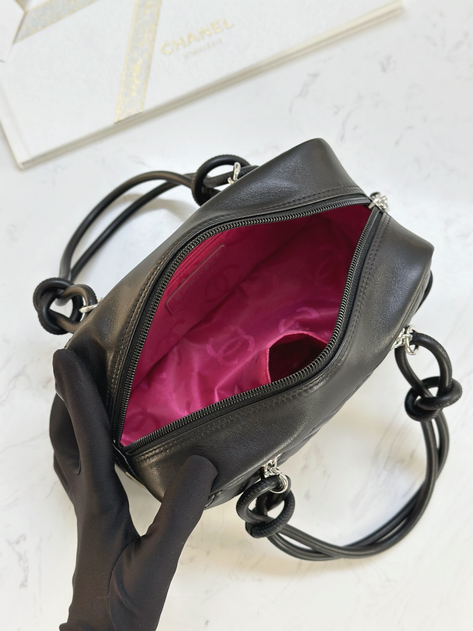 Ch@nel Calfskin Quilted Small Cambon Bowler Black White-19.5*10.5*9CM