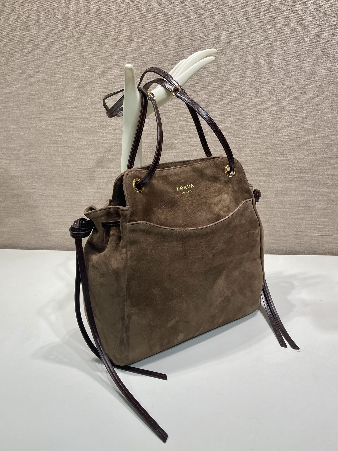 Pra*a Cocoa Brown Pra*a Carry Medium Suede Tote Bag-1BG641-28*32*14CM