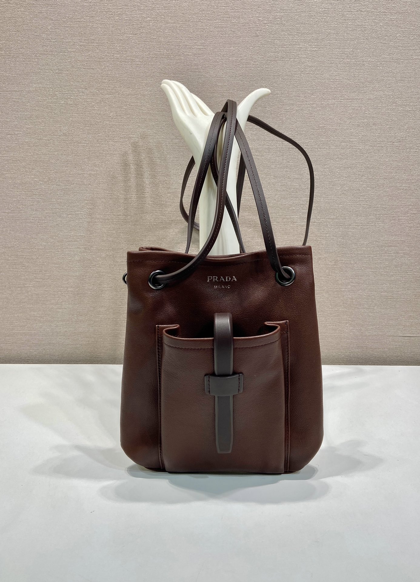 Pra*a Cocoa Brown Leather Shoulder Bag-1BC293-25*24CM