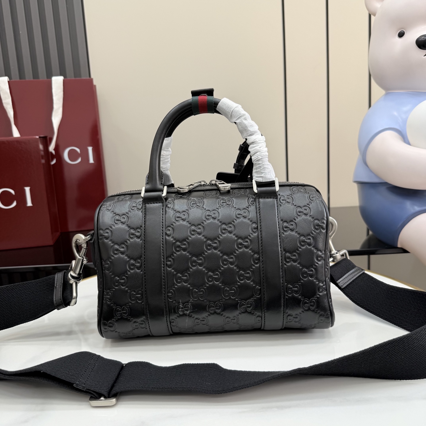 Gv*c* GG Emblem Small Duffle Bag In Black GG leather -25*16*14CM