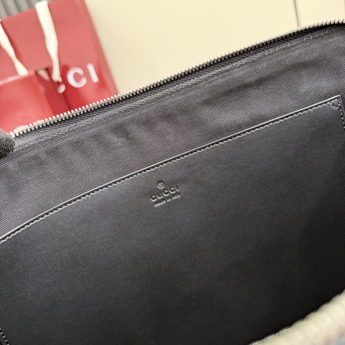 GG Emblem Pouch In Black GG leather-30*22*2.5CM