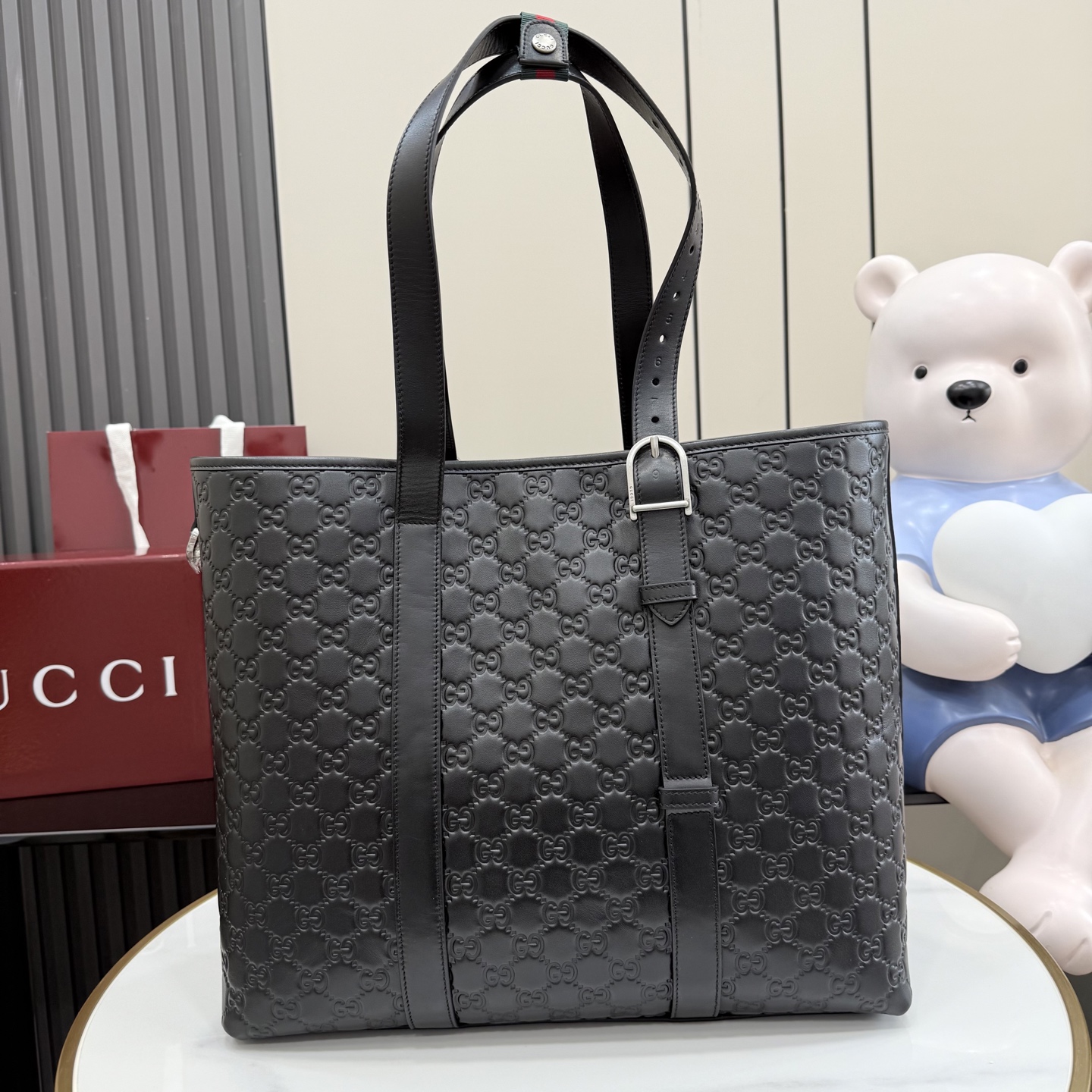 Gv*c* GG Emblem Tote Bag In Black GG leather -38*32*16.5CM