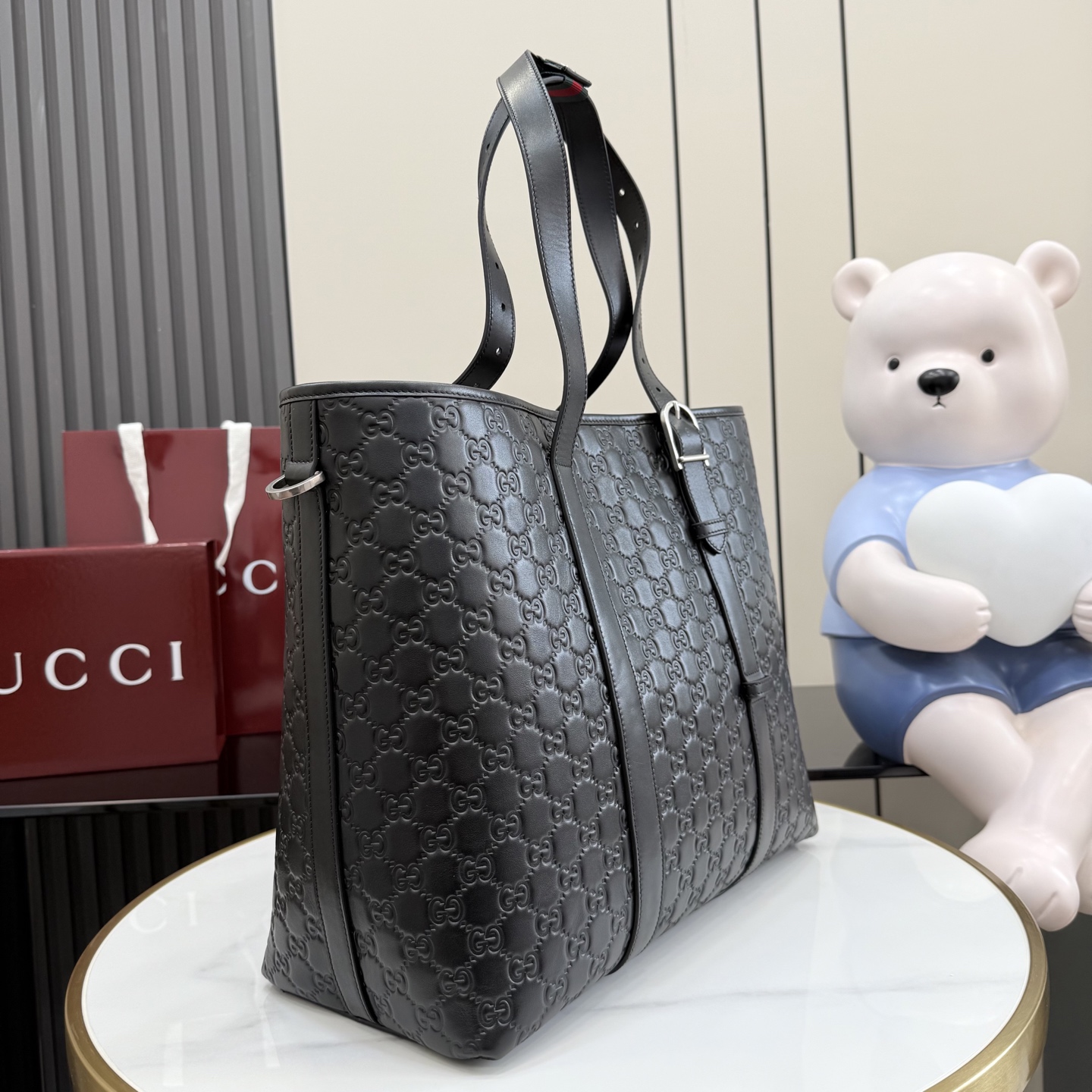 Gv*c* GG Emblem Tote Bag In Black GG leather -38*32*16.5CM