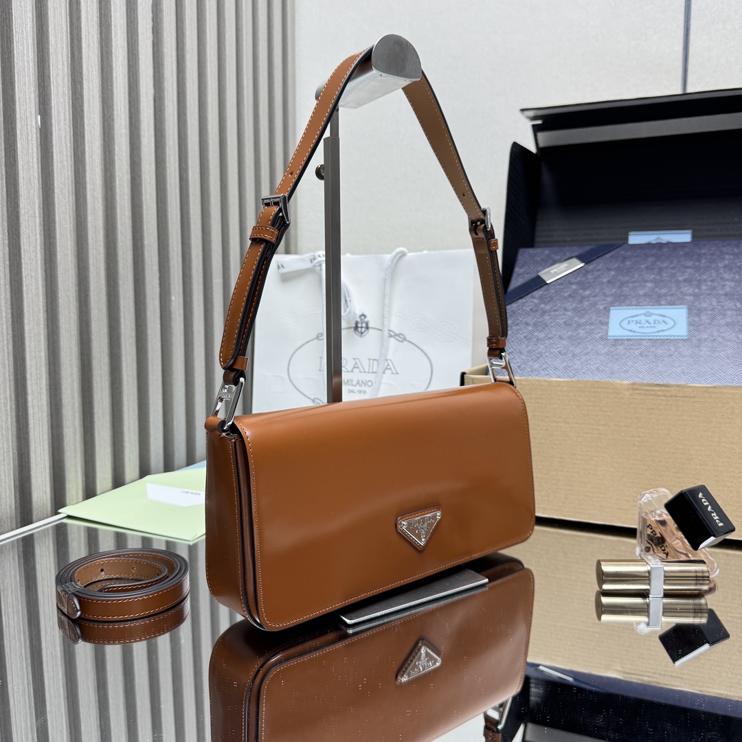 Pra*a Brushed Leather Femme Bag Brown Medium-1BD323-26*12*4.8CM