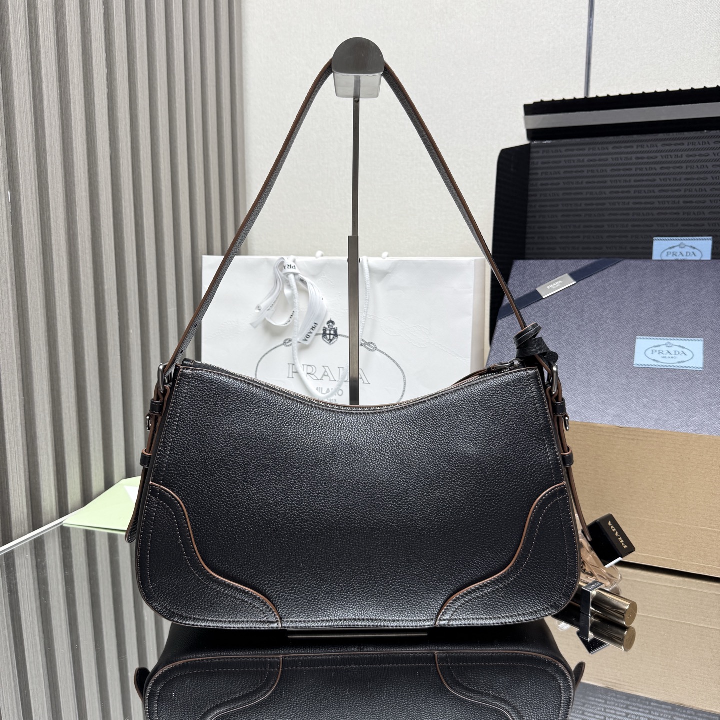 Pra*a Black Large Leather Aimèe Shoulder Bag-1BC280-36*20*11CM