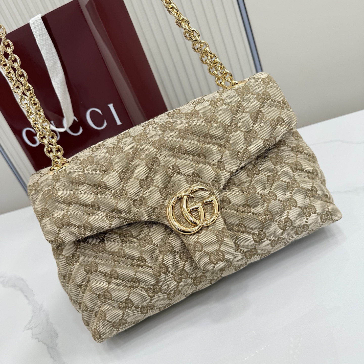 Gv*c* GG Marmont Medium Shoulder Bag In Sand And Brown GG-31*17*8CM