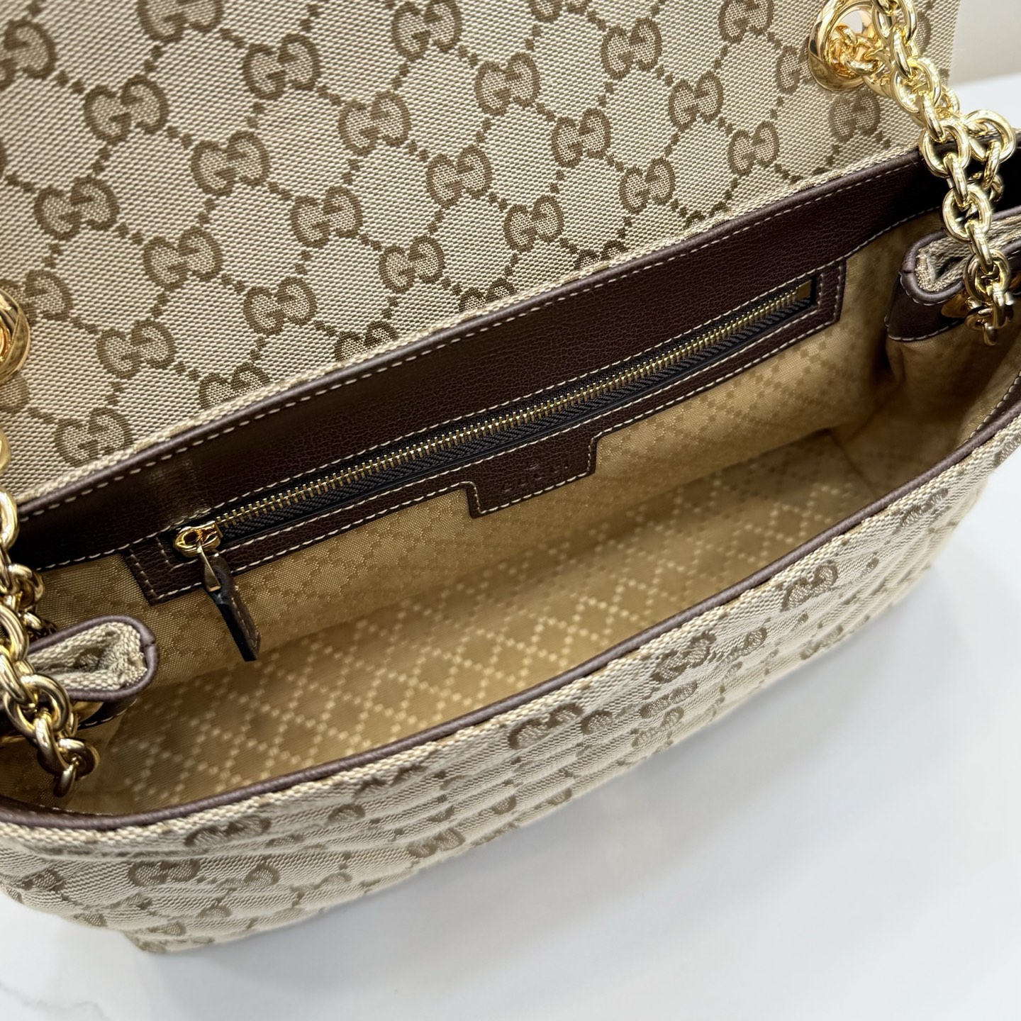 Gv*c* GG Marmont Medium Shoulder Bag In Sand And Brown GG-31*17*8CM