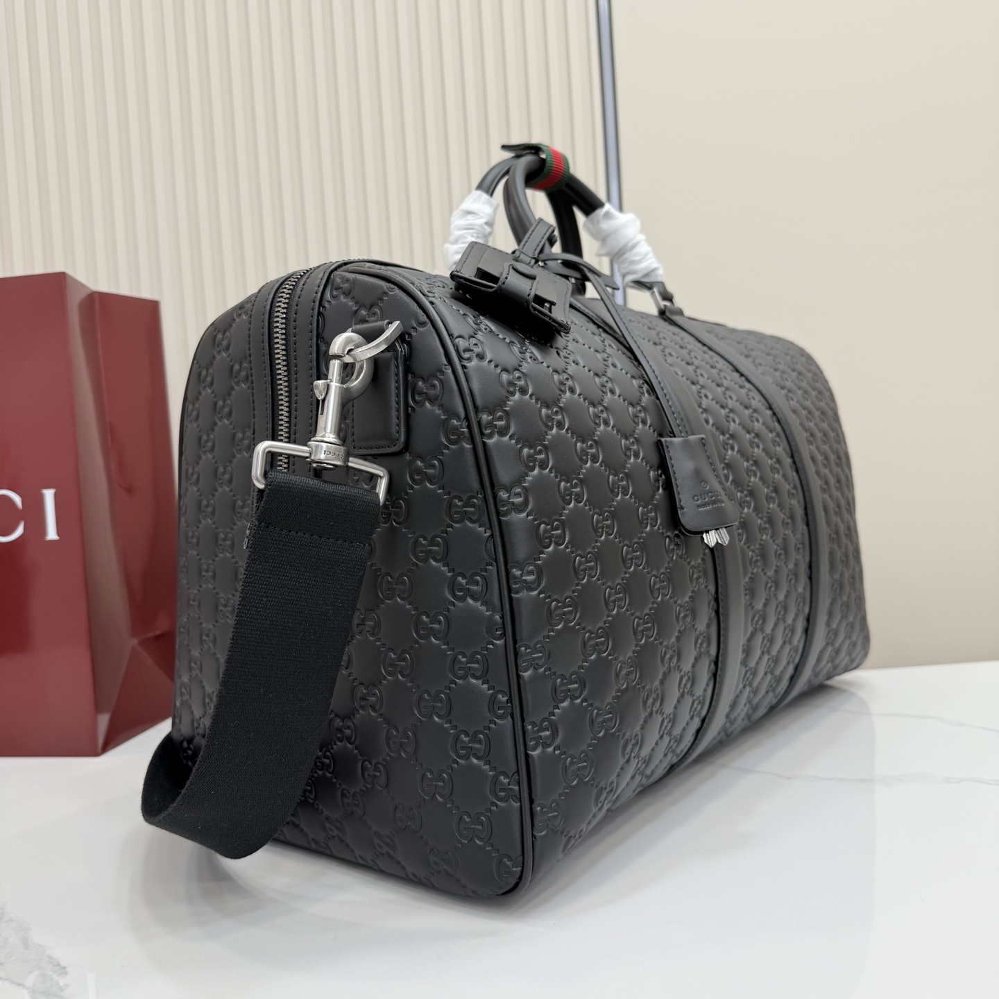 Gv*c* GG Emblem Large Duffle Bag In Black GG Leather-45*29*25CM