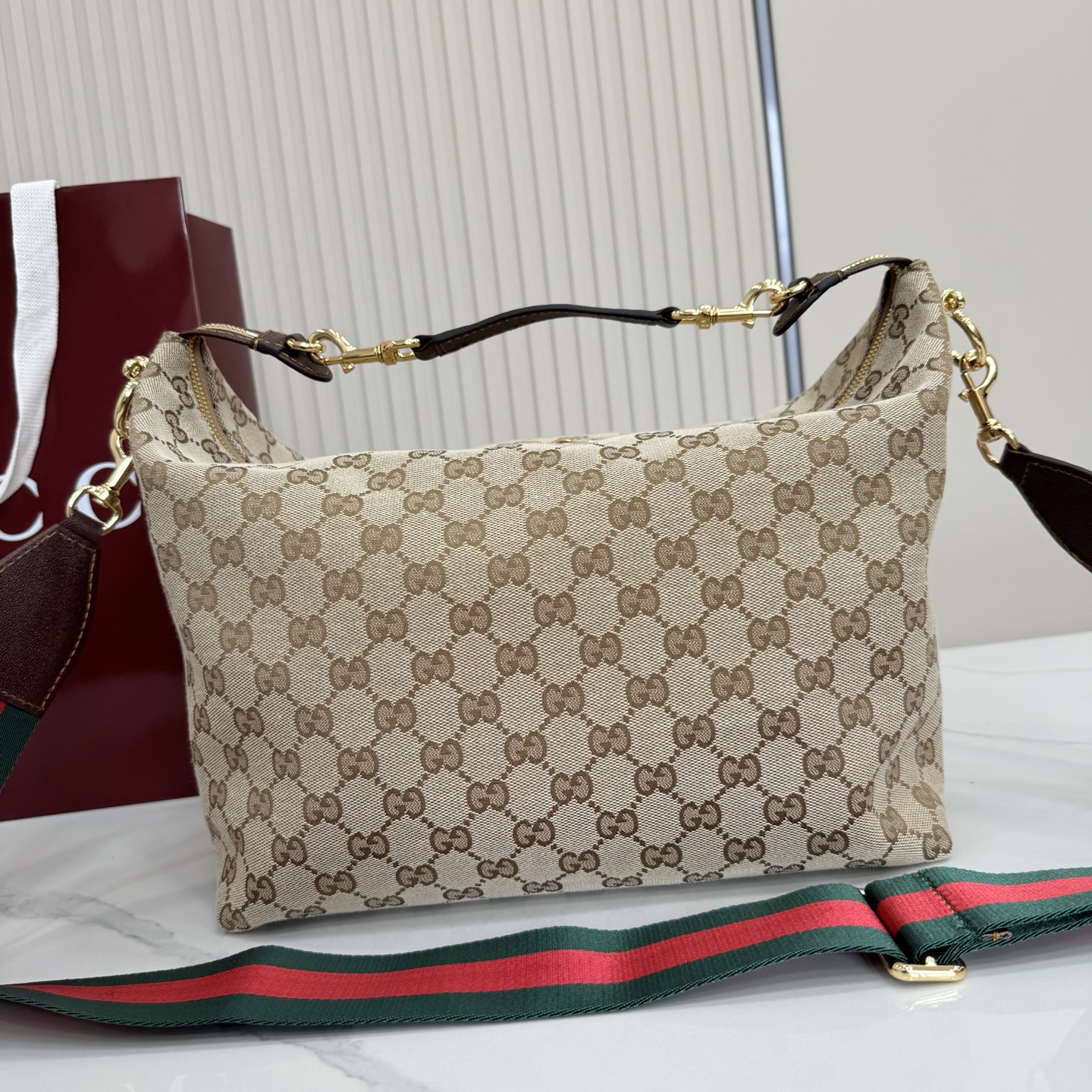 Gv*c* Brera Medium Crossbody Bag In Sand And Brown GG Canvas-33*27*15CM