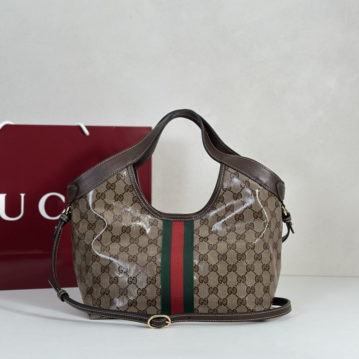 Guc*ci Giglio Small Tote Bag In Sand And Brown GG Fabric-25*20*15CM