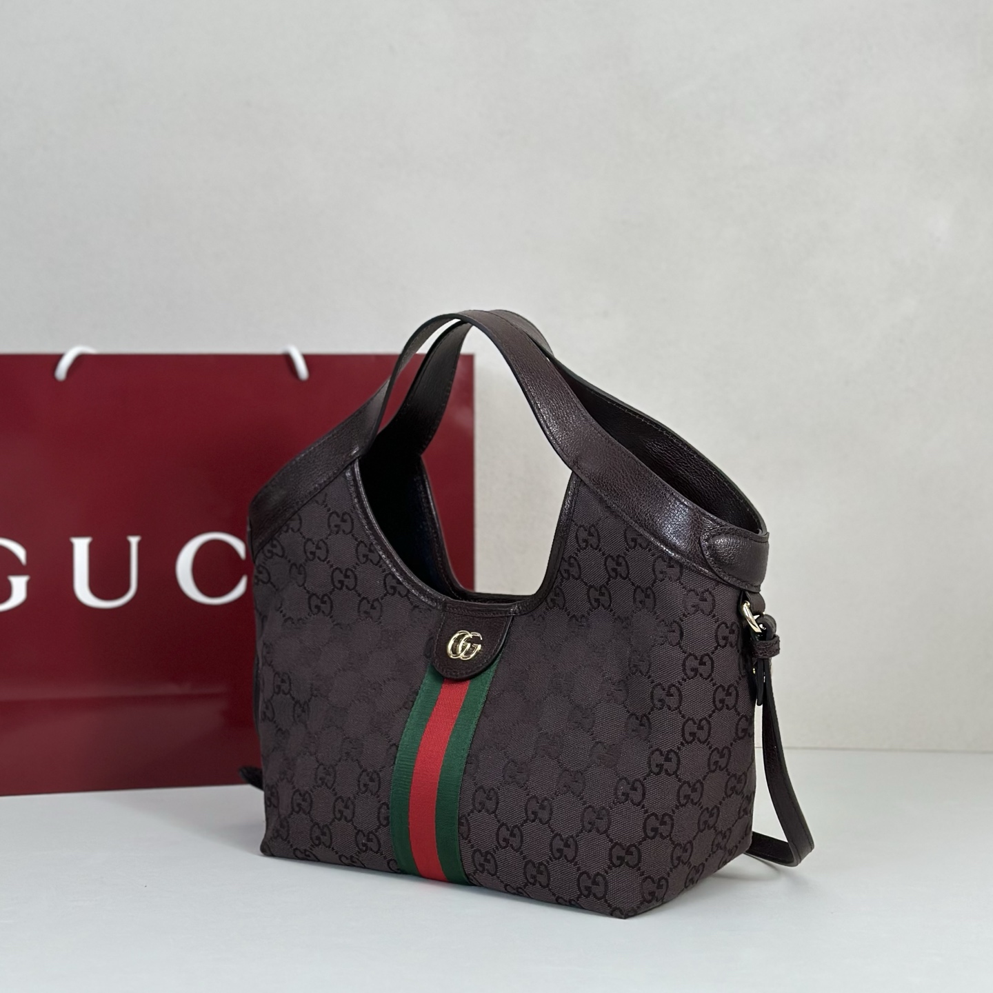Guc*ci Giglio Small Tote Bag In Dark Brown GG Canvas-25*20*15CM