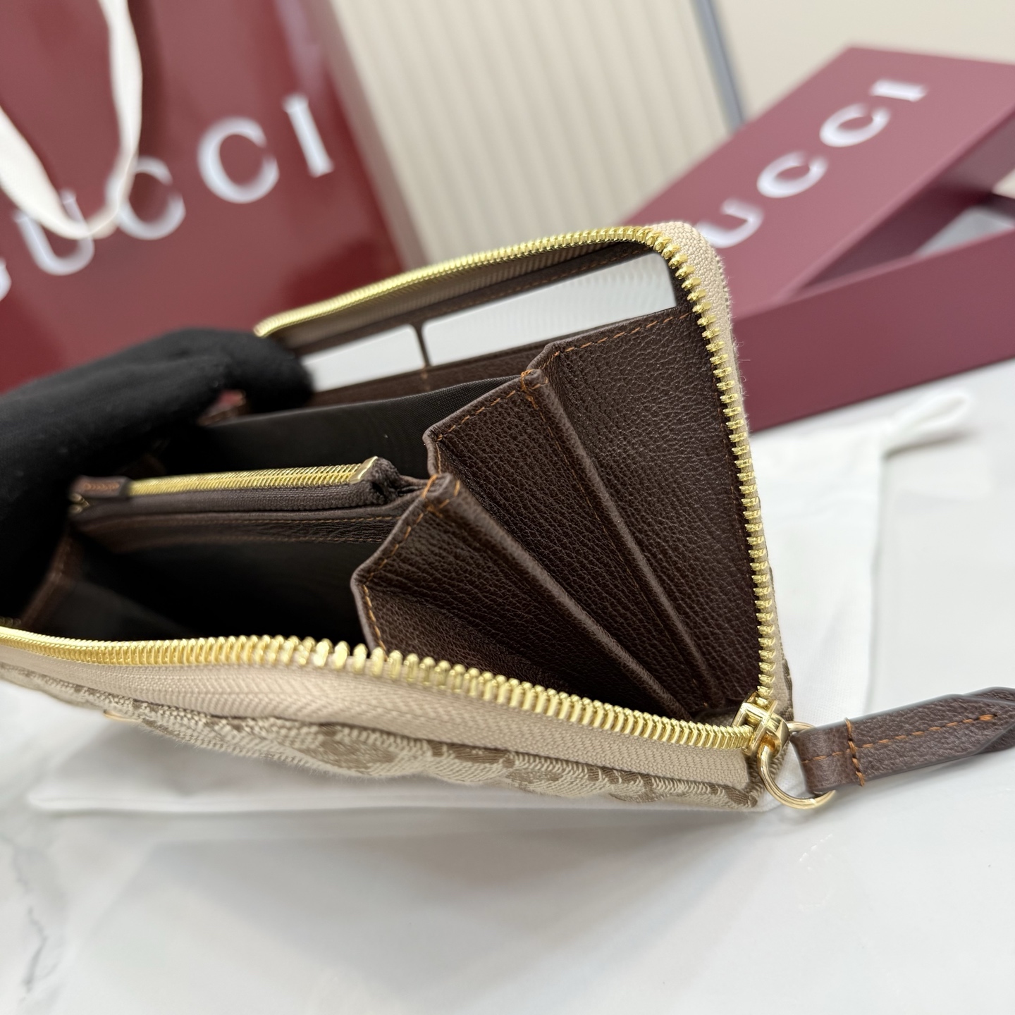 Gvc*1 GG Marmont Zip Around Wallet In Sand And Brown GG canvas-19*10.5*2CM